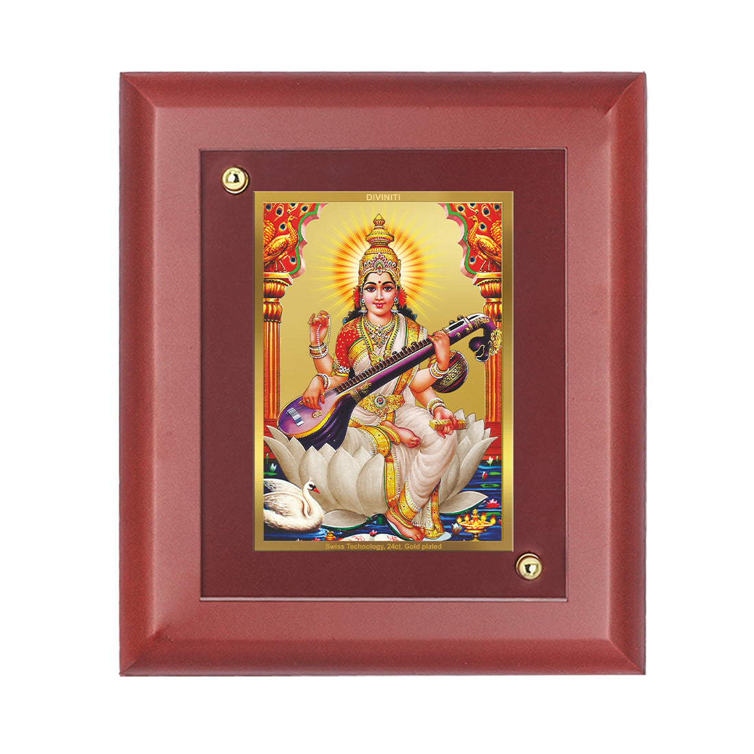 DIVINITI 24K Gold Plated Foil Goddess Saraswati Wooden Classic Wall Photo Frame Idol for Home & Office Decor, Table Top, Puja Room, Gift | MDF Size 1 (16.7x14.2 CM)