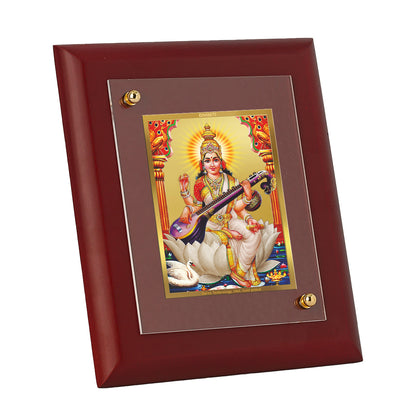 DIVINITI 24K Gold Plated Foil Goddess Saraswati Wooden Classic Wall Photo Frame Idol for Home & Office Decor, Table Top, Puja Room, Gift | MDF Size 1 (16.7x14.2 CM)