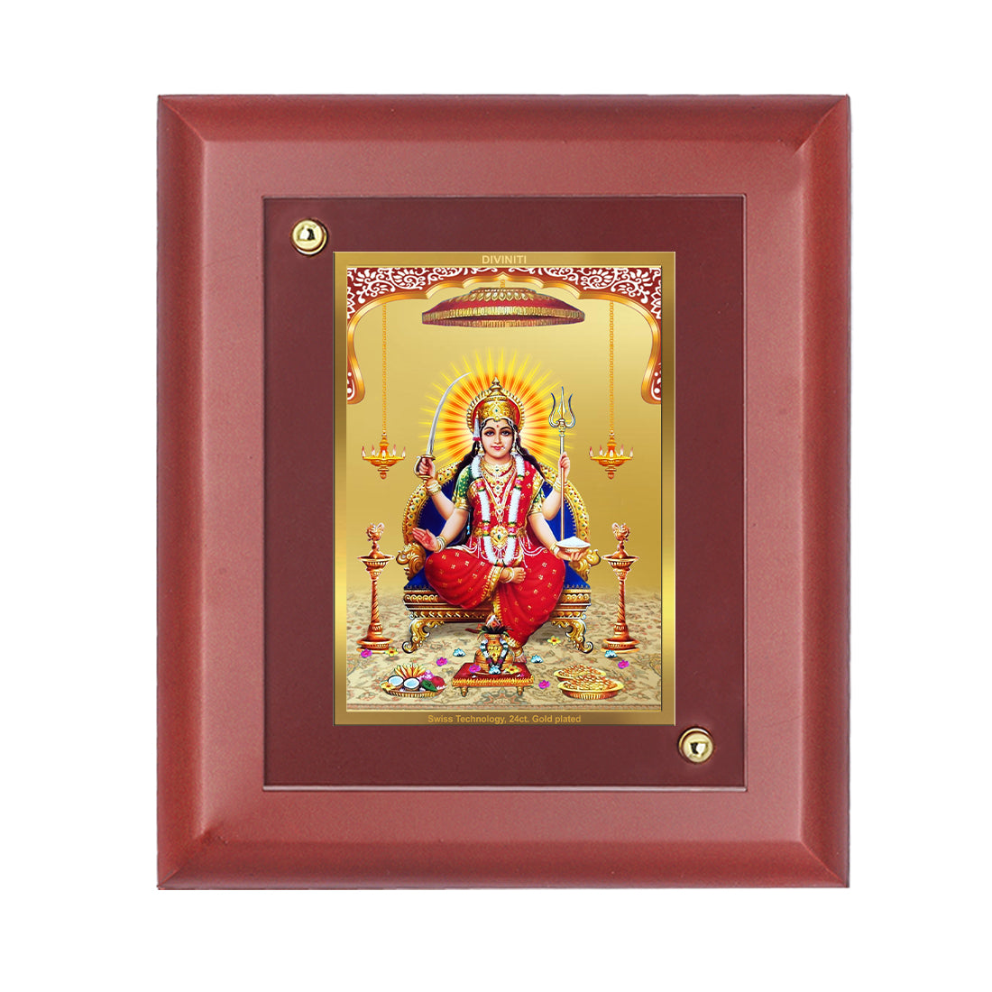 DIVINITI 24K Gold Plated Foil Santoshi Mata Wooden Photo Frame Idol for Home Wall Decor, Table Top, Puja Room, Luxury Gift | MDF Size 1 (16.7x14.2 CM)