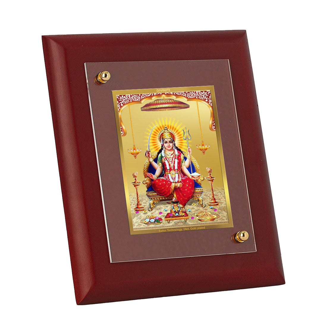 DIVINITI 24K Gold Plated Foil Santoshi Mata Wooden Photo Frame Idol for Home Wall Decor, Table Top, Puja Room, Luxury Gift | MDF Size 1 (16.7x14.2 CM)