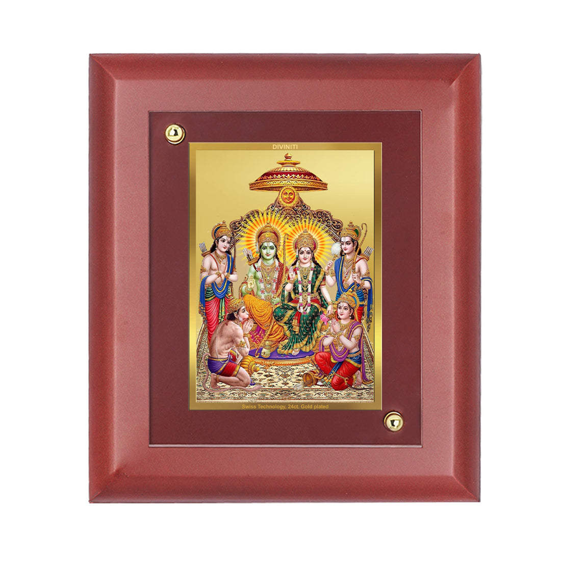 DIVINITI 24K Gold Plated Foil Lord Ram Darbar Wooden Photo Frame Idol for Temple, Home Decor, Wall Hanging, Gifting , Gift | MDF Size 1 (16.7x14.2 CM)