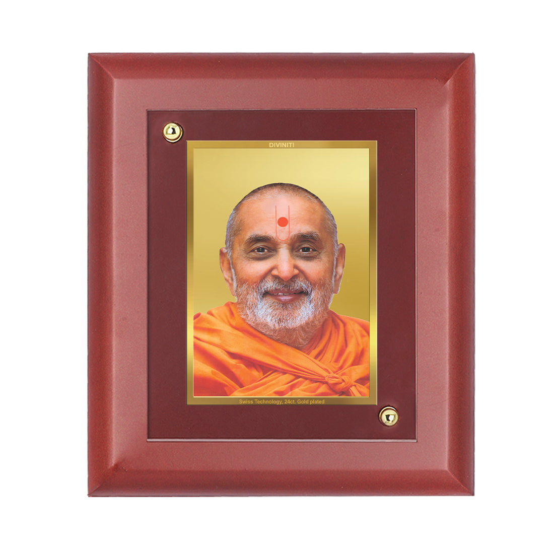 DIVINITI 24K Gold Plated Foil Pramukh Swami Wooden Photo Frame Idol for Home Decor, Wall Decor, Table Top, Gift | MDF Size 1 (16.7x14.2 CM)