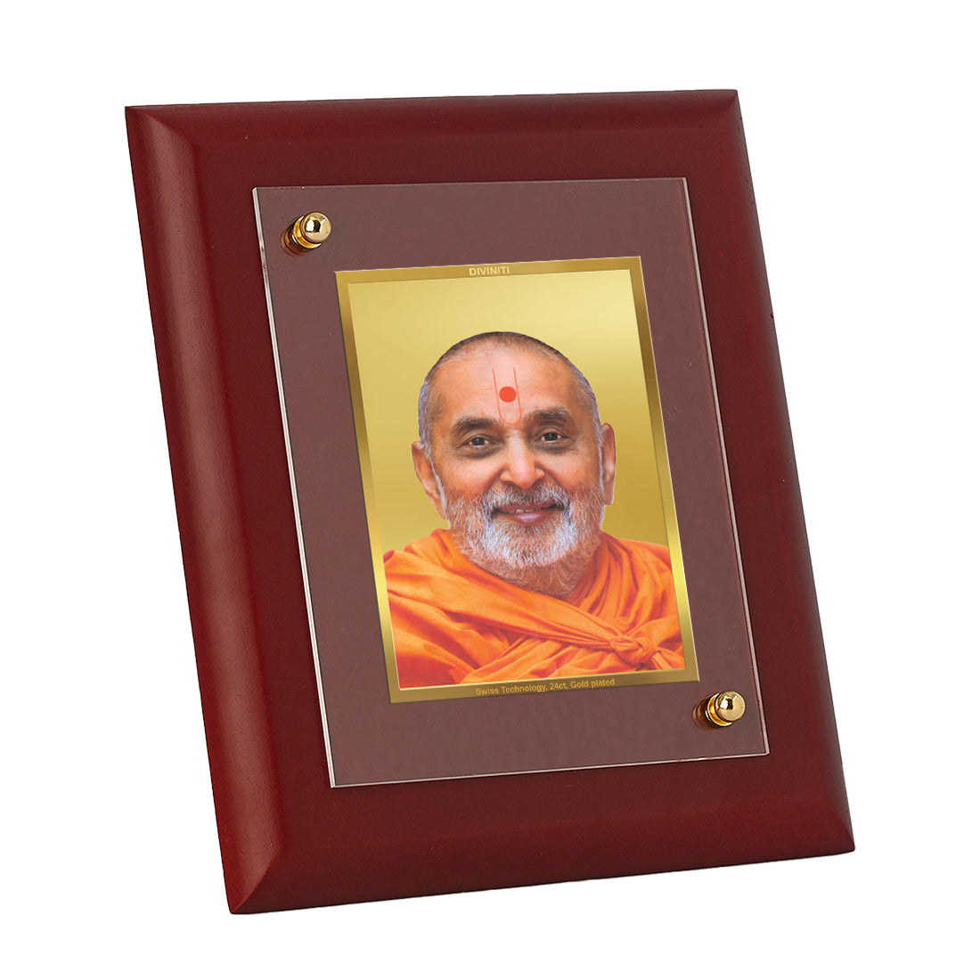 DIVINITI 24K Gold Plated Foil Pramukh Swami Wooden Photo Frame Idol for Home Decor, Wall Decor, Table Top, Gift | MDF Size 1 (16.7x14.2 CM)