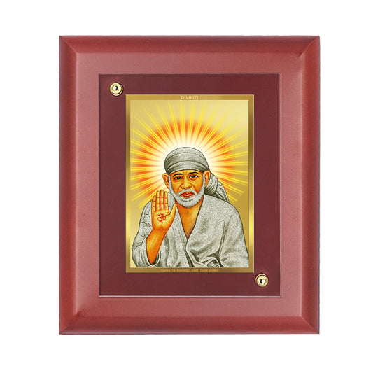 DIVINITI 24K Gold Plated Foil Sai Baba Wooden Stylish Photo Frame Idol for Puja Room, Home Decor, Table Top, Wall Hanging, Gift | MDF Size 1 (16.7x14.2 CM)