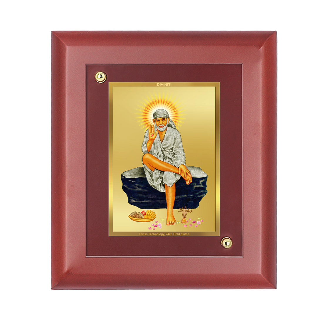 DIVINITI 24K Gold Plated Foil Sai Baba Wooden Elegant Photo Frame Idol for Temple, Home Decor, Table Top, Wall Hanging, Gift | MDF Size 1 (16.7x14.2 CM)