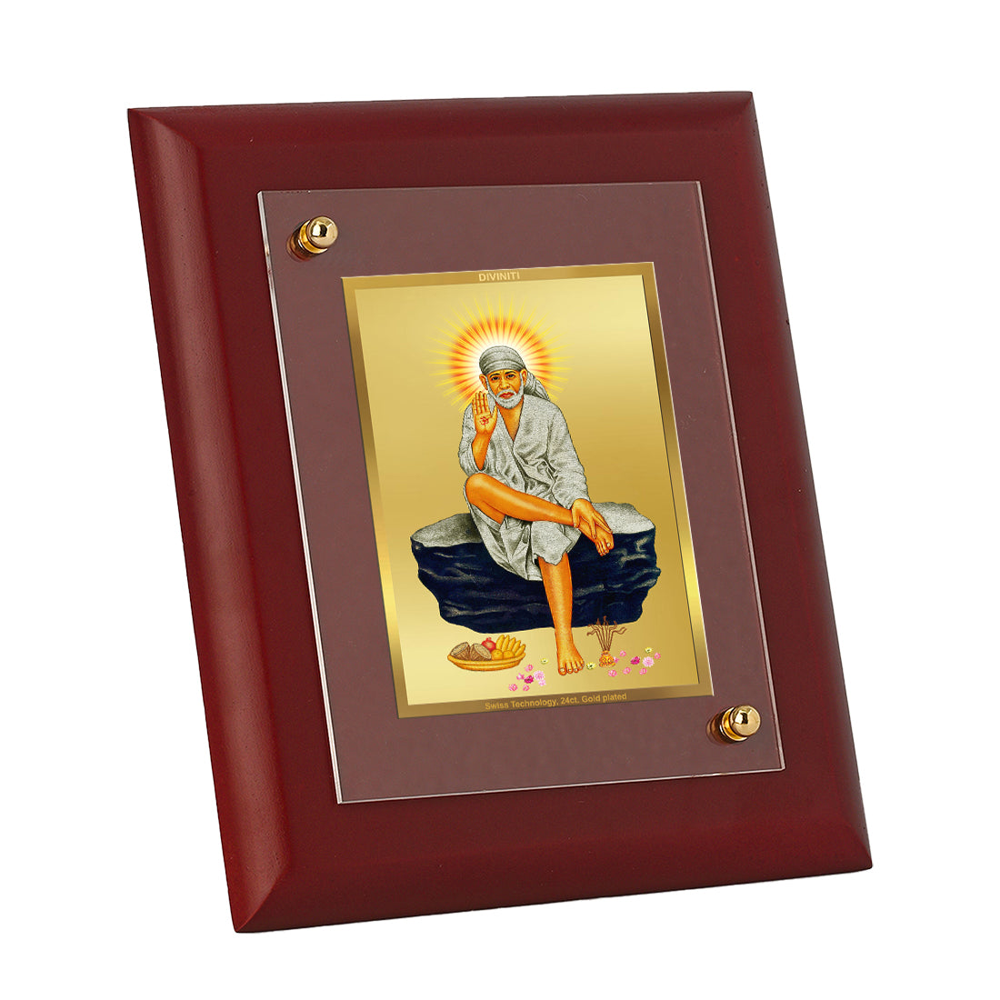 DIVINITI 24K Gold Plated Foil Sai Baba Wooden Elegant Photo Frame Idol for Temple, Home Decor, Table Top, Wall Hanging, Gift | MDF Size 1 (16.7x14.2 CM)