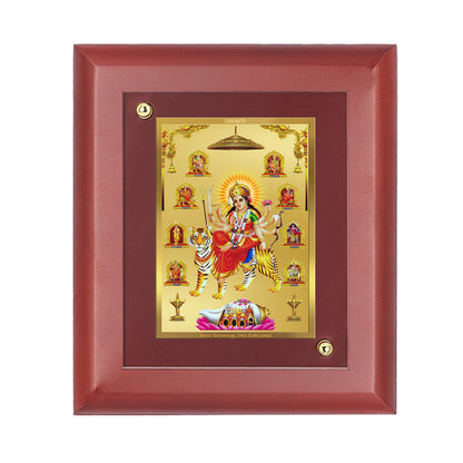 DIVINITI 24K Gold Plated Foil Nav Durga Wooden Classic Photo Frame Idol for Puja Room, Wall Hanging, Home Decor, Table Top, Gift | MDF Size 1 (16.7x14.2 CM)