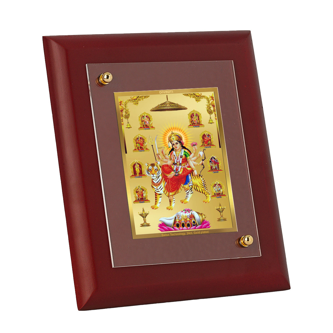 DIVINITI 24K Gold Plated Foil Nav Durga Wooden Classic Photo Frame Idol for Puja Room, Wall Hanging, Home Decor, Table Top, Gift | MDF Size 1 (16.7x14.2 CM)