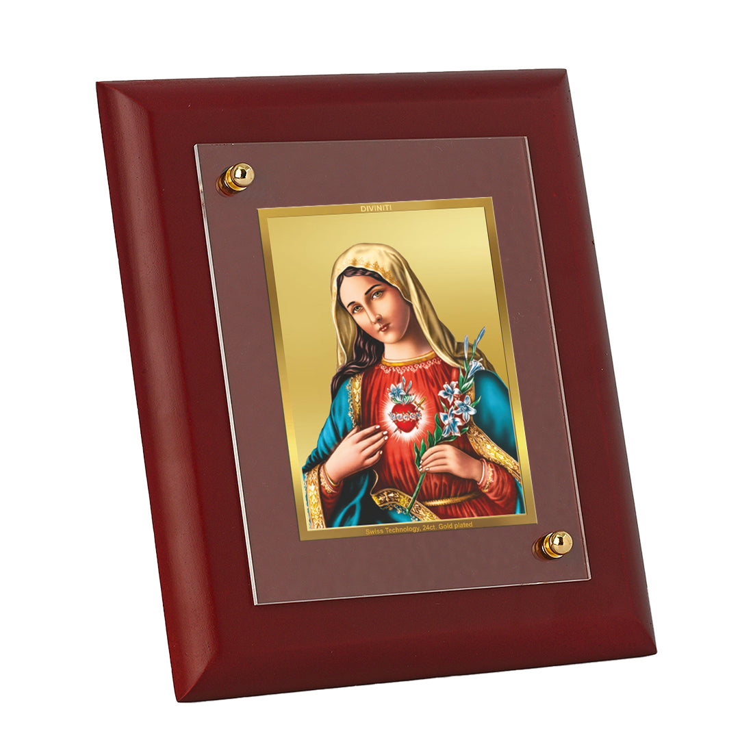 DIVINITI 24K Gold Plated Foil Mother Mary Wooden Luxurious Photo Frame Idol for Wall Hanging, Home Decor, Table Top, Gift | MDF Size 1 (16.7x14.2 CM)