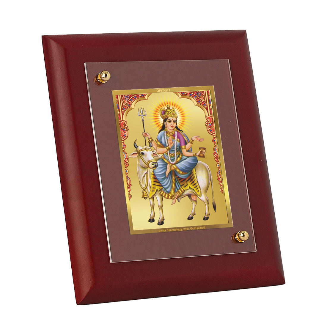 DIVINITI 24K Gold Plated Foil Mahagauri Mata Wooden Photo Frame Idol for Home Wall Decor, Table, Puja Room, Gift | MDF Size 1 (16.7x14.2 CM)