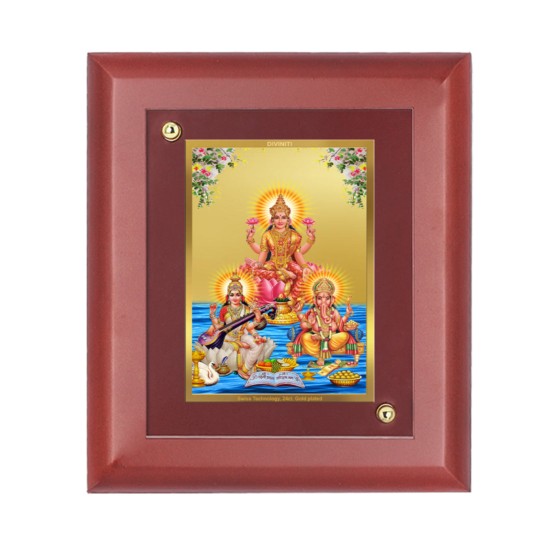 DIVINITI 24K Gold Plated Foil Lakshmi Ganesha Saraswati Wall Photo Frame Idol for Puja Room, Home Decor, Table Top, Gift|MDF Size 1 (16.7x14.2 CM)