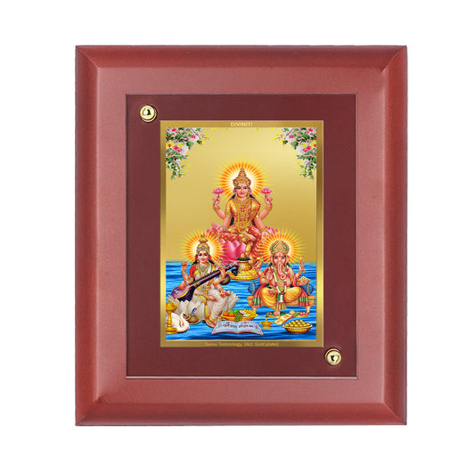 DIVINITI 24K Gold Plated Foil Lakshmi Ganesha Saraswati Wooden Wall Photo Frame Idol for Puja Room, Home Decor, Table Top, Gift | MDF Size 1 (16.7x14.2 CM)