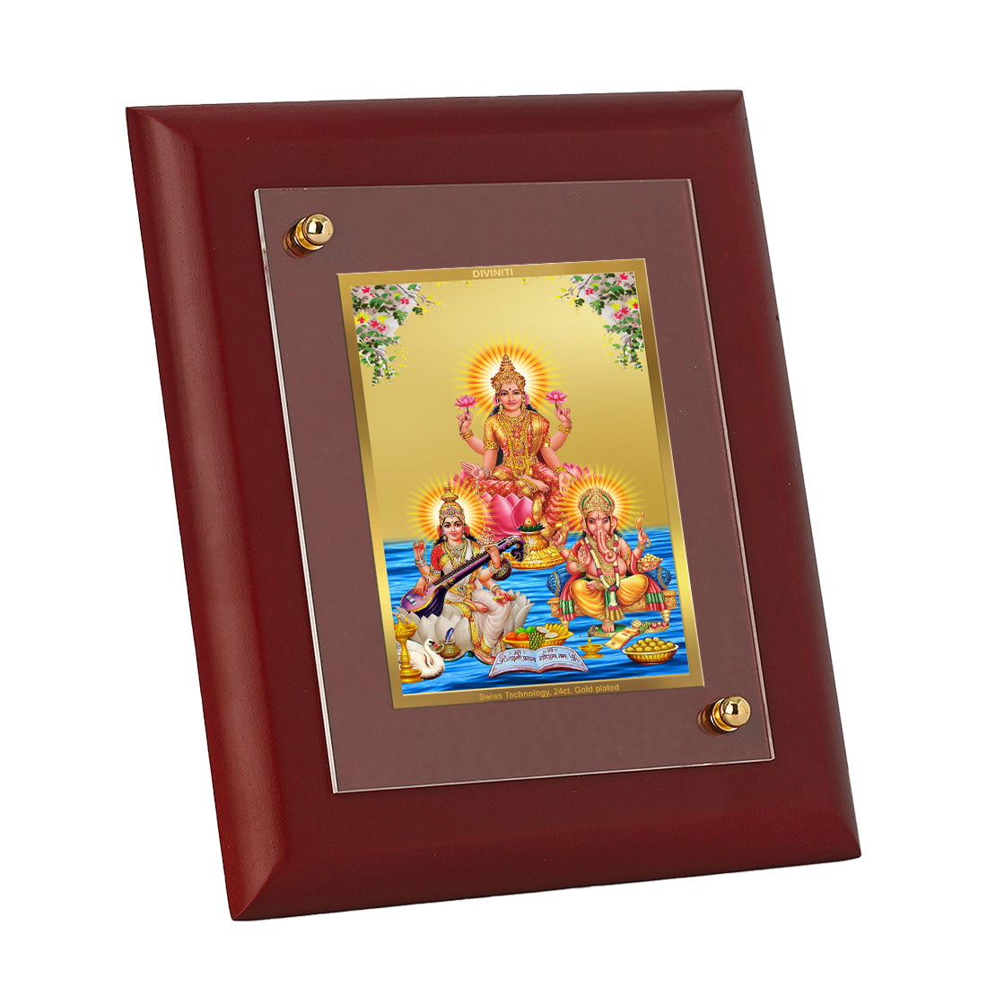 DIVINITI 24K Gold Plated Foil Lakshmi Ganesha Saraswati Wall Photo Frame Idol for Puja Room, Home Decor, Table Top, Gift|MDF Size 1 (16.7x14.2 CM)