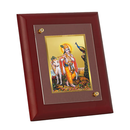 DIVINITI 24K Gold Plated Foil Lord Krishna Wooden Photo Frame Idol for Home Wall Hanging, Puja Room, Table Top, Gift | MDF Size 1 (16.7x14.2 CM)