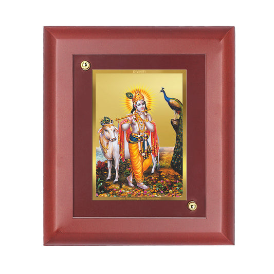 DIVINITI 24K Gold Plated Foil Lord Krishna Wooden Photo Frame Idol for Home Wall Hanging, Puja Room, Table Top, Gift | MDF Size 1 (16.7x14.2 CM)