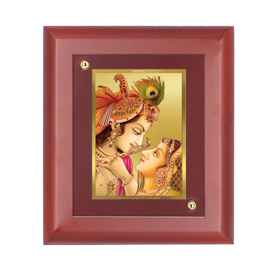 DIVINITI 24K Gold Plated Foil Radha Krishna Wooden Photo Frame Idol for Home Wall Decor, Table Top, Puja Room, Luxury Gift | MDF Size 1 (16.7x14.2 CM)