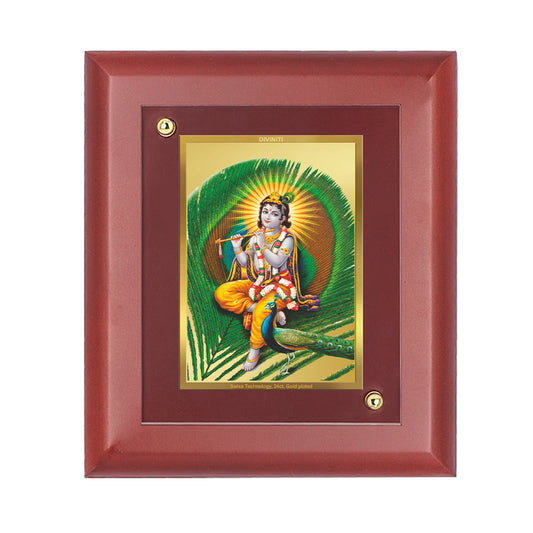 DIVINITI 24K Gold Plated Foil Lord Shree Krishna Wooden Traditional Photo Frame Idol for Home Wall Decor, Table Top, Gift | MDF Size 1 (16.7x14.2 CM)