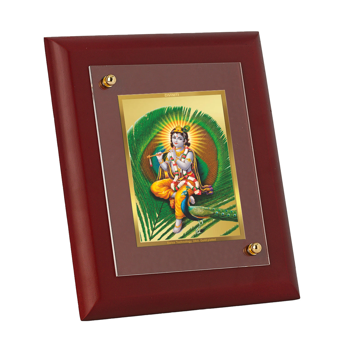 DIVINITI 24K Gold Plated Foil Lord Shree Krishna Wooden Traditional Photo Frame Idol for Home Wall Decor, Table Top, Gift | MDF Size 1 (16.7x14.2 CM)