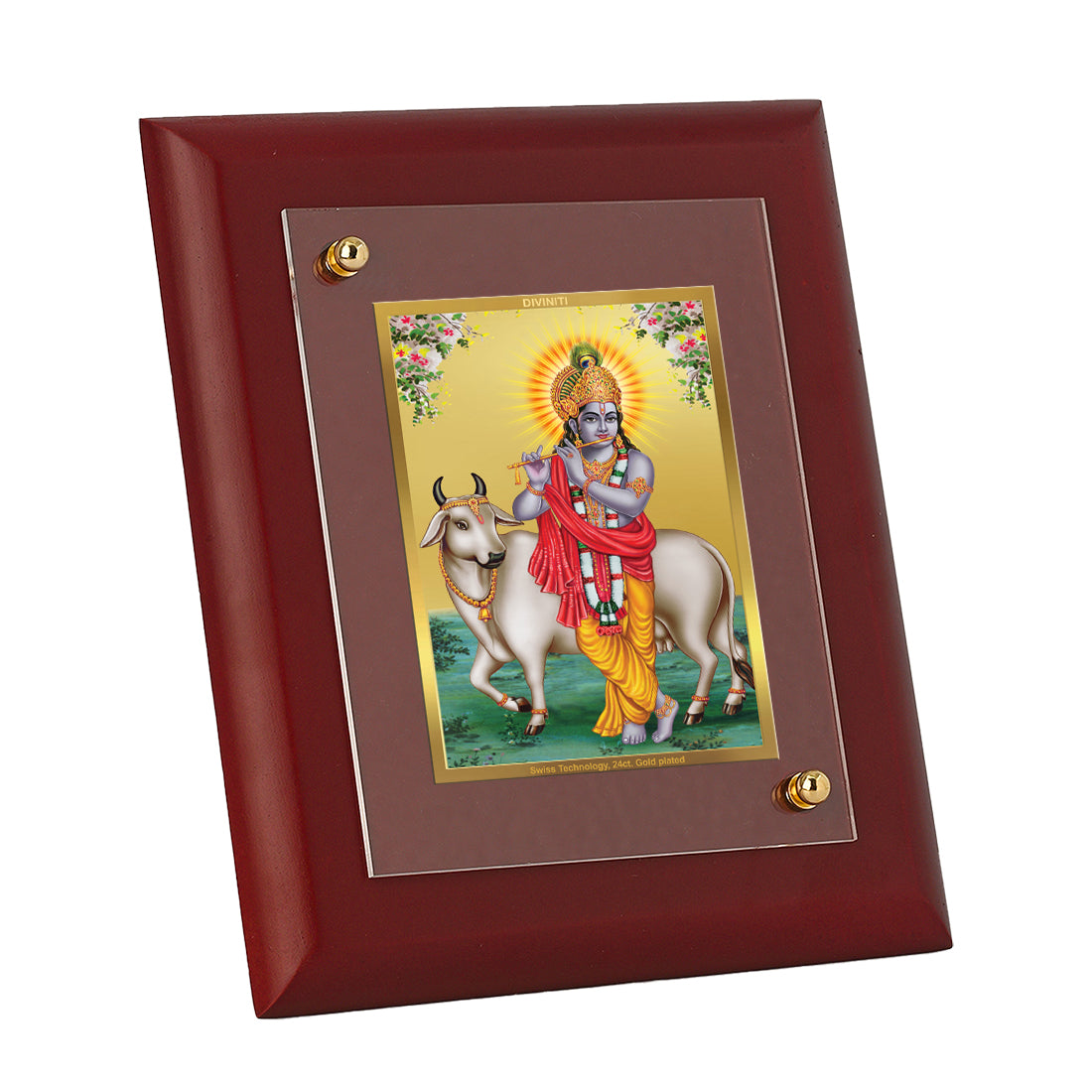 DIVINITI 24K Gold Plated Foil Lord Krishna Tradition Photo Frame Idol for Home & Office Decor, Table Top, Puja Room, Gift|MDF Size 1 (16.7x14.2 CM)