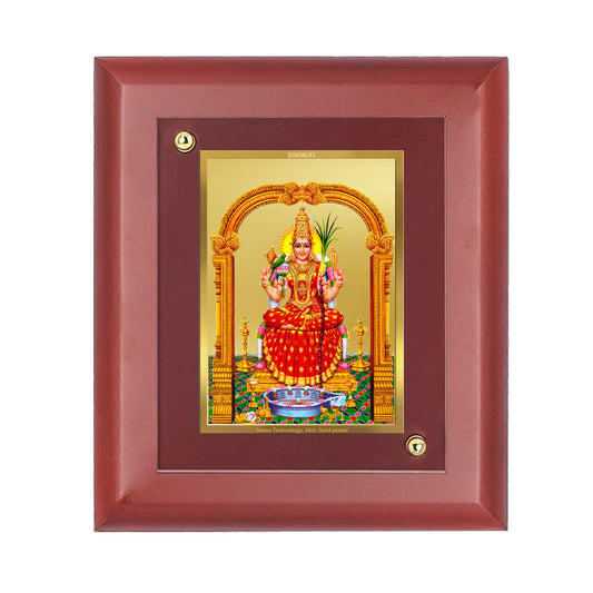 DIVINITI 24K Gold Plated Foil Kanchi Kamakshi Amman Wooden Classic Photo Frame Idol for Home Wall Decor, Table Top, Gift | MDF Size 1 (16.7x14.2 CM)