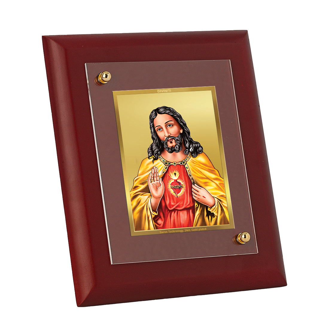 DIVINITI 24K Gold Plated Foil Jesus Wooden Stylish Photo Frame Idol for Prayer, Wall Hanging, Home Decor, Table Top, Gift | MDF Size 1 (16.7x14.2 CM)