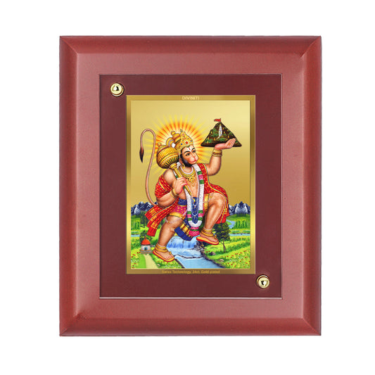 DIVINITI 24K Gold Plated Foil Lord Hanuman Wooden Wall Photo Frame Idol for Home Decor, Puja Room, Festival , Luxury Gift | MDF Size 1 (16.7x14.2 CM)