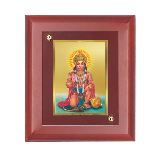 DIVINITI 24K Gold Plated Foil Lord Hanuman Wooden Elegant Wall Photo Frame Idol for Home Decor, Puja Room, Luxury Gift | MDF Size 1 (16.7x14.2 CM)