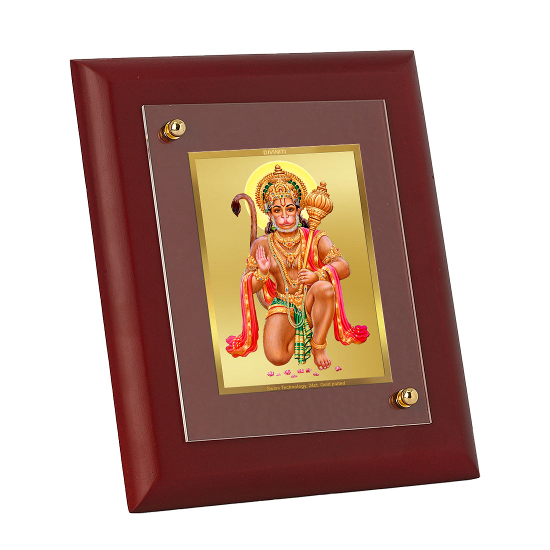 DIVINITI 24K Gold Plated Foil Lord Hanuman Wooden Stylish Photo Frame Idol for Home Decor, Wall Hanging, Table Top, Puja Room, Gift | MDF Size 1 (16.7x14.2 CM)