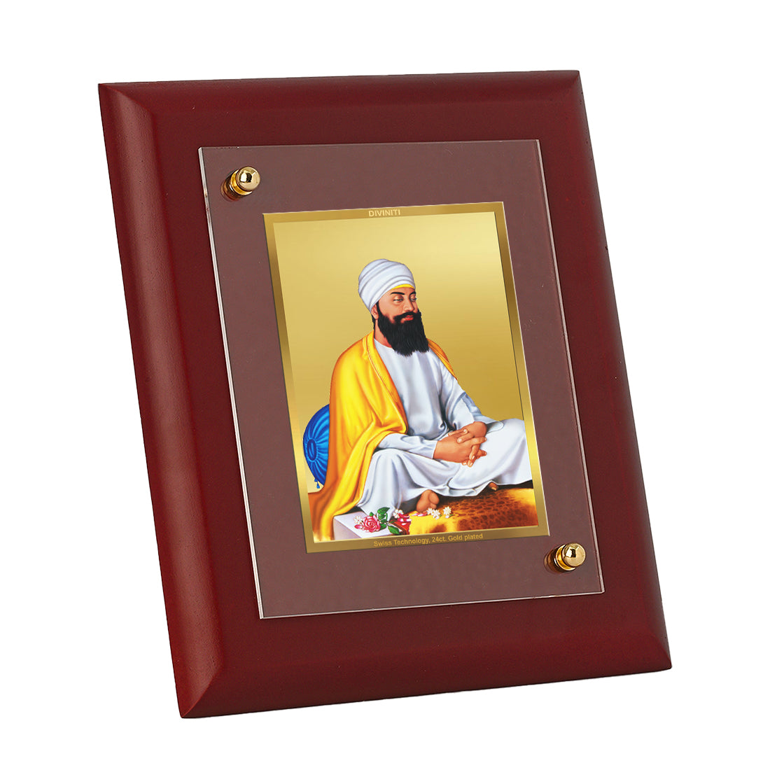 DIVINITI 24K Gold Plated Foil Guru Tegh Bahadur Ji Wooden Wall Photo Frame Idol for Home Decor, Wall Decor, Table Top , Gift | MDF Size 1 (16.7x14.2 CM)