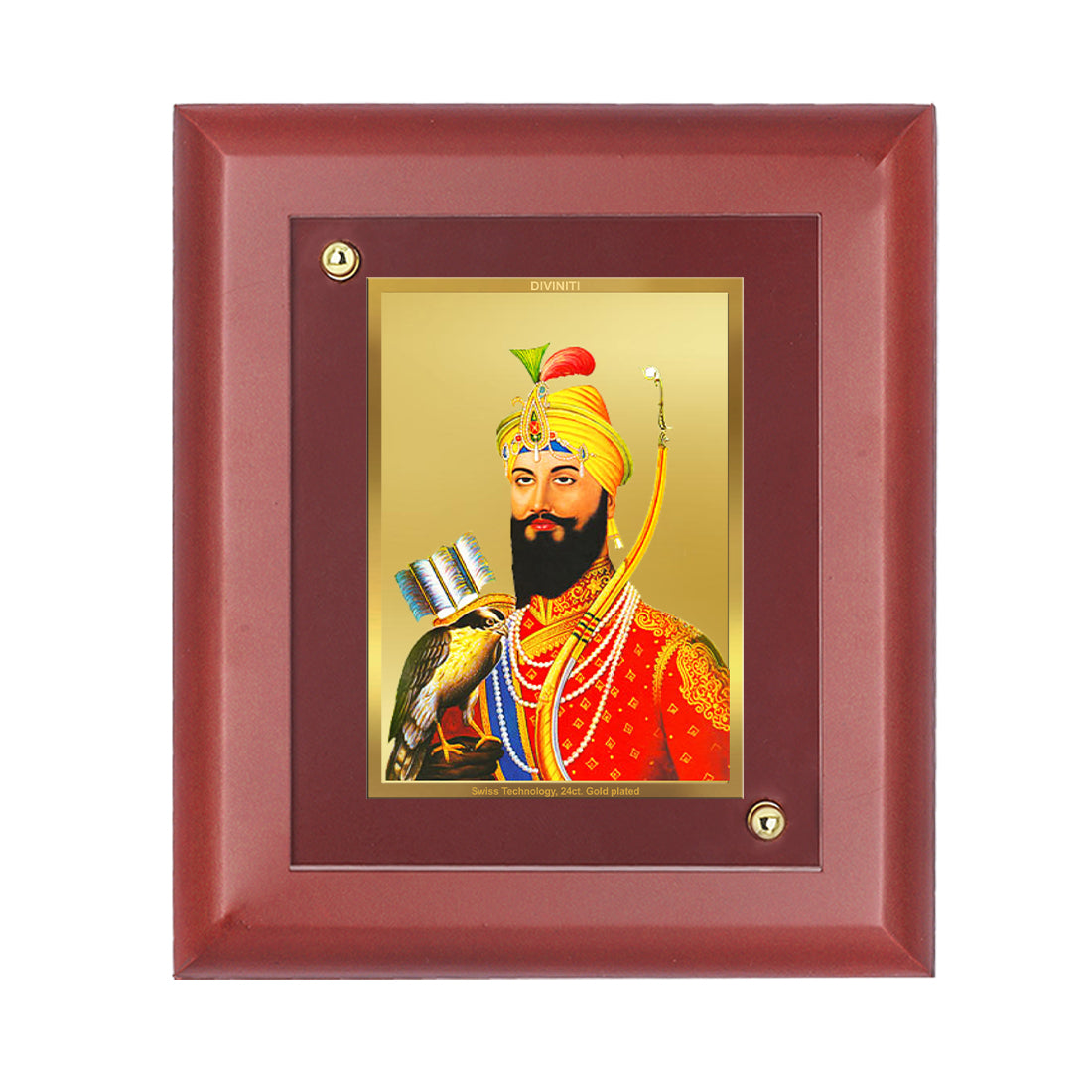 DIVINITI 24K Gold Plated Foil Guru Gobind Singh Wooden Elegant Photo Frame Idol for Home Decor, Table Top, Wall Decor, Gift | MDF Size 1 (16.7x14.2 CM)