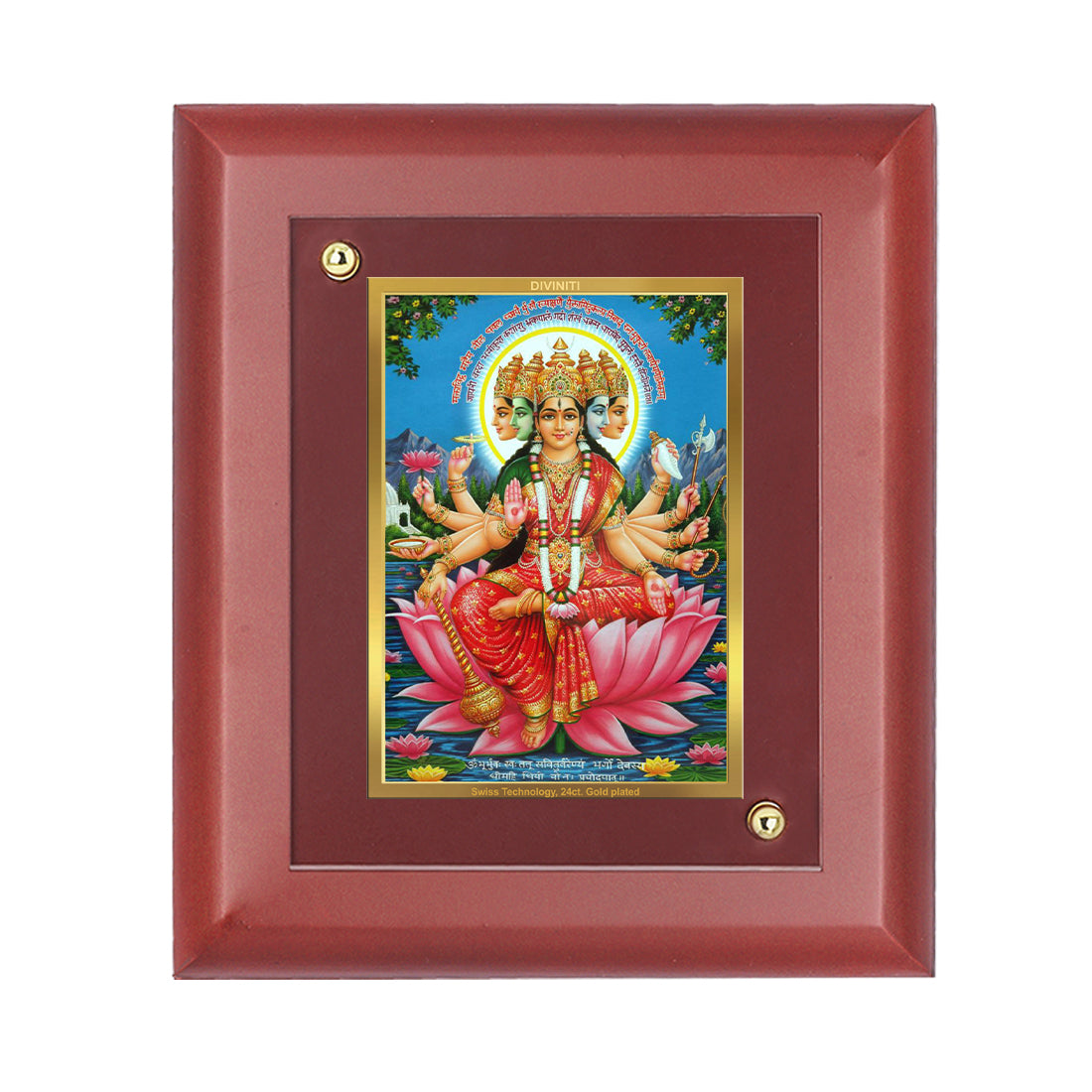 DIVINITI 24K Gold Plated Foil Goddess Gayatri Photo Frame Idol for Home Decor, Wall Hanging, Table Top, Puja Room, Gift|MDF Size 1 (16.7x14.2 CM)