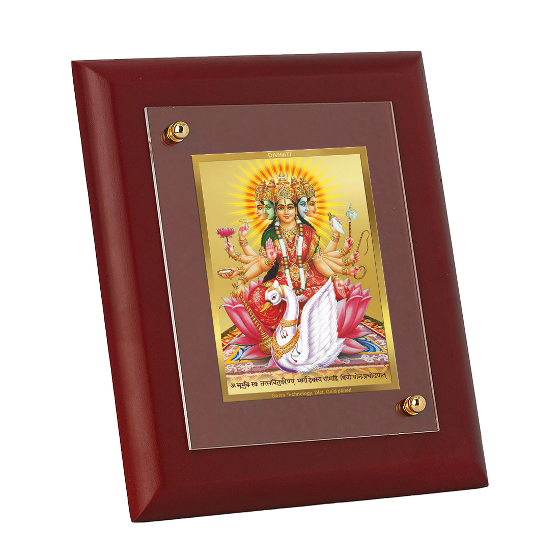 DIVINITI 24K Gold Plated Foil Goddess Gayatri Tradition Wooden Wall Photo Frame Idol for Home & Office Decor, Table Top, Puja Room, Gift | MDF Size 1 (16.7x14.2 CM)