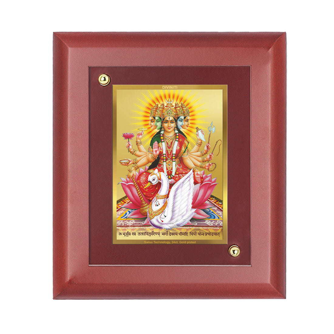 DIVINITI 24K Gold Plated Foil Goddess Gayatri Tradition Wooden Wall Photo Frame Idol for Home & Office Decor, Table Top, Puja Room, Gift | MDF Size 1 (16.7x14.2 CM)