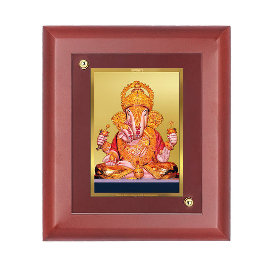 DIVINITI 24K Gold Plated Foil Dagdu Ganesha Tradition Wooden Photo Frame Idol for Home & Office Wall Decor, Table Top, Puja Room, Gift | MDF Size 1 (16.7x14.2 CM)