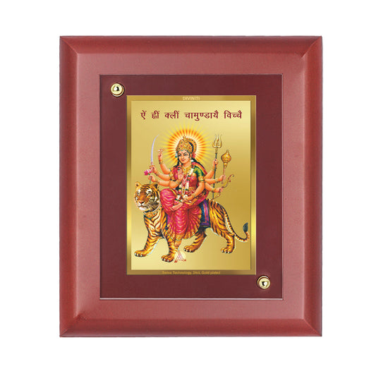 DIVINITI 24K Gold Plated Foil Goddess Durga Tradition Wooden Photo Frame Idol for Home Decor, Wall Hanging, Table Top, Puja Room, Gift | MDF Size 1 (16.7x14.2 CM)