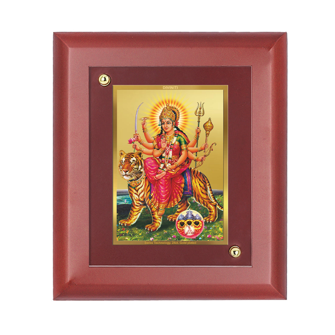 DIVINITI 24K Gold Plated Foil Goddess Durga Maa Photo Frame Idol for Home Decor, Wall Hanging, Table Top, Puja Room, Gift|MDF Size 1 (16.7x14.2 CM)