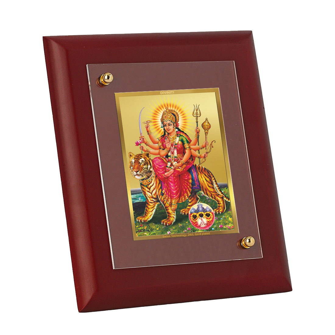 DIVINITI 24K Gold Plated Foil Goddess Durga Maa Photo Frame Idol for Home Decor, Wall Hanging, Table Top, Puja Room, Gift|MDF Size 1 (16.7x14.2 CM)