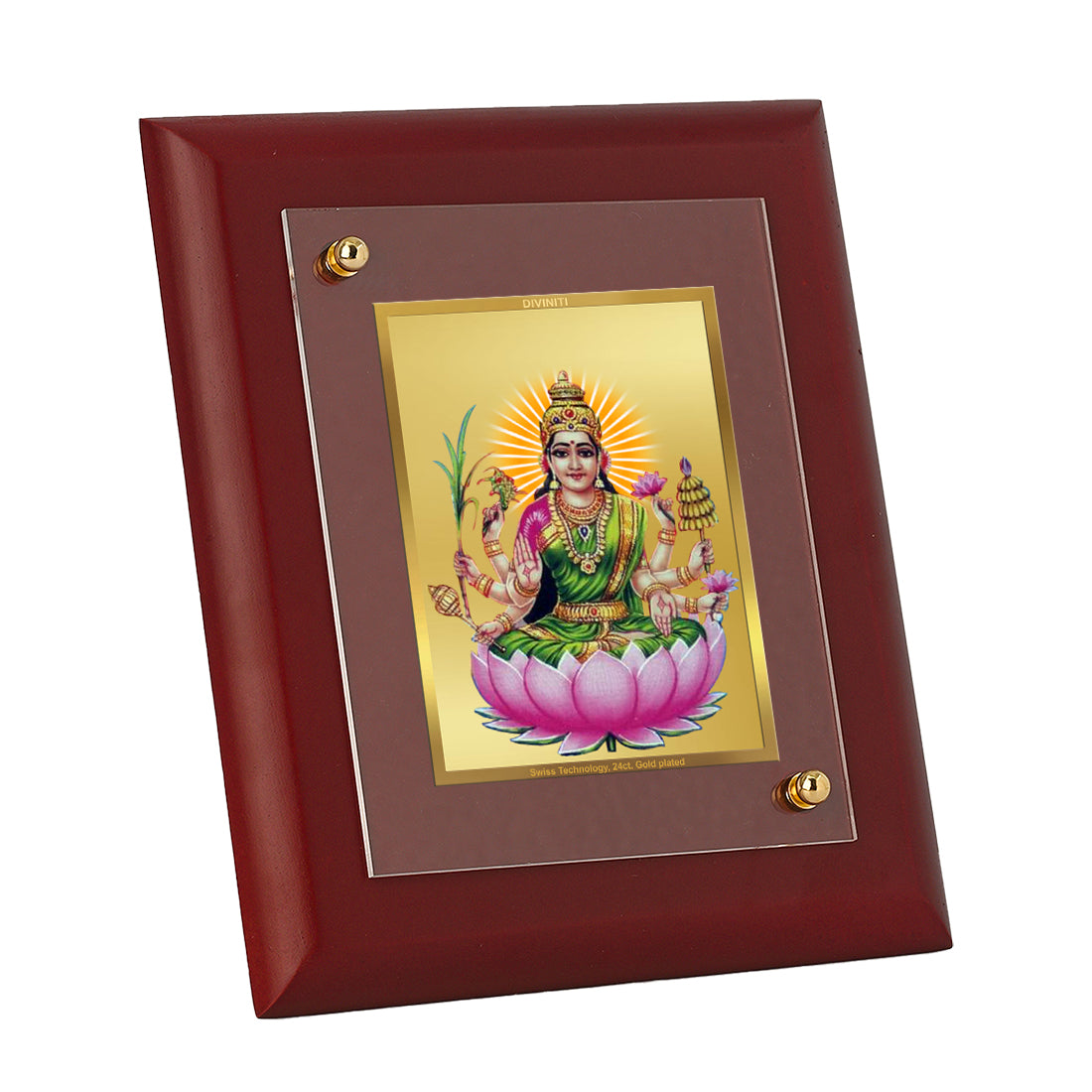 DIVINITI 24K Gold Plated Foil Goddess Dhanya Lakshmi Wooden Photo Frame Idol for Home Decor, Wall Decor, Table Top, Puja Room, Gift | MDF Size 1 (16.7x14.2 CM)