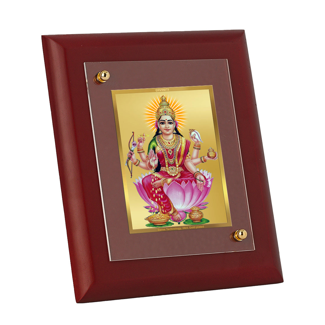 DIVINITI 24K Gold Plated Foil Goddess Dhan Lakshmi Wooden Photo Frame Idol for Home Decor, Wall Hanging, Puja Room, Luxury Gift | MDF Size 1 (16.7x14.2 CM)