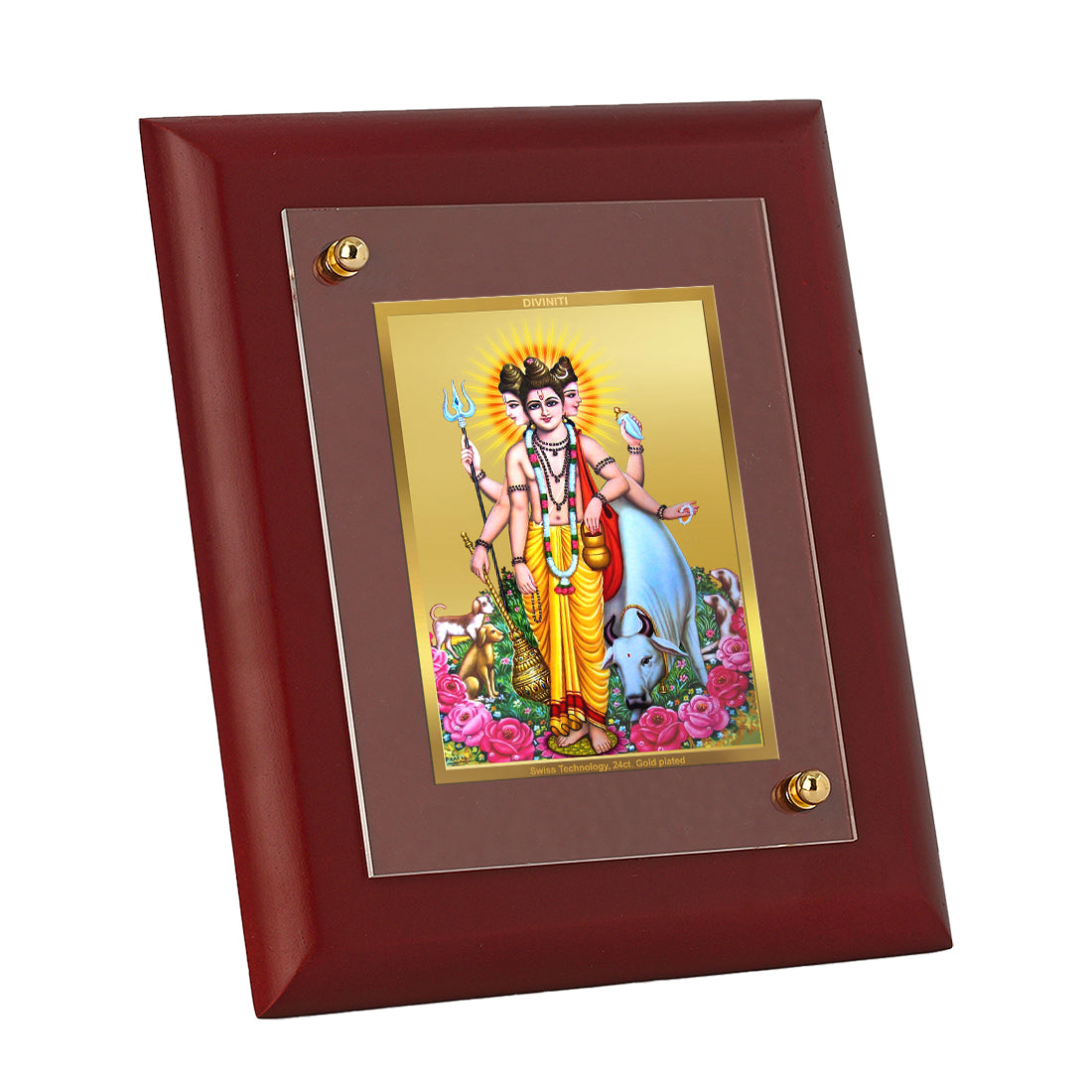 DIVINITI 24K Gold Plated Foil Dattatreya Photo Frame Idol for Home Decor, Wall Hanging, Table Top, Worship, Luxury Gift|MDF Size 1 (16.7x14.2 CM)