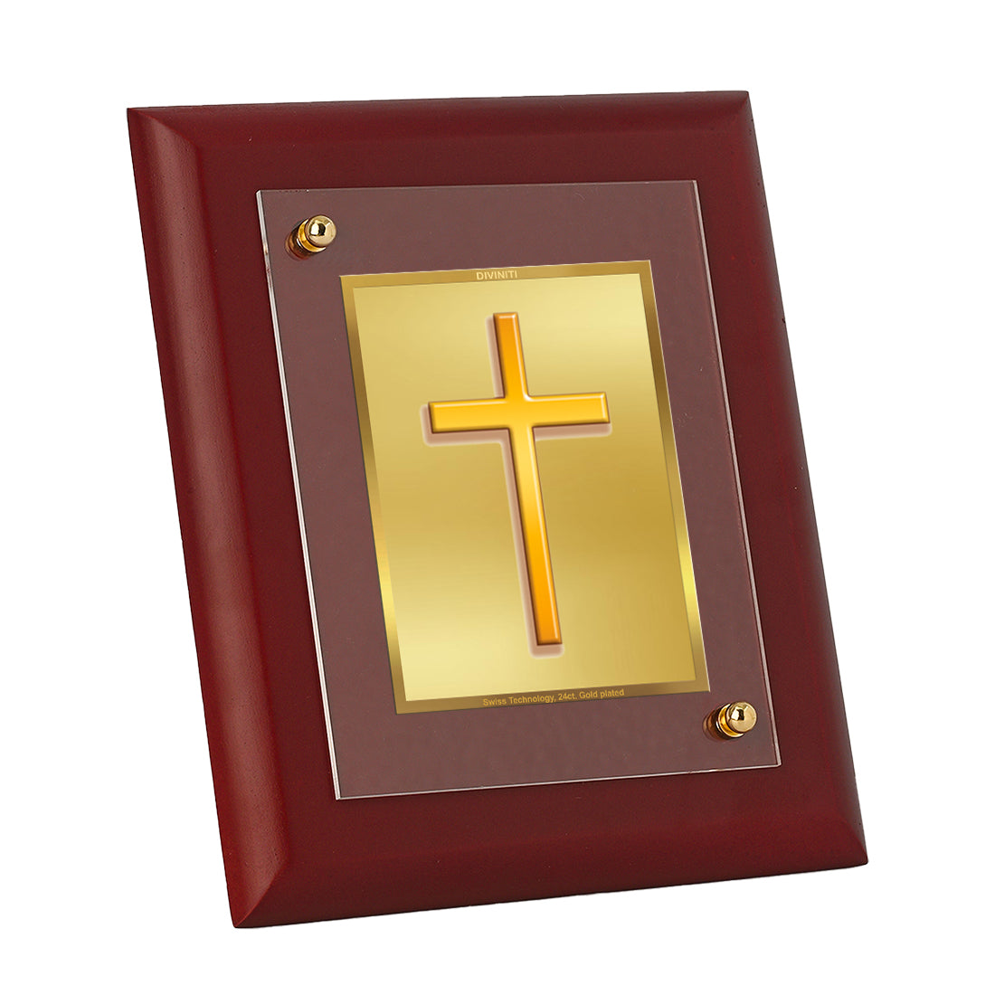 DIVINITI 24K Gold Plated Foil Holy Cross Wooden Tradition Photo Frame Idol for Wall Hanging, Home Decor, Table Top, Gift | MDF Size 1 (16.7x14.2 CM)