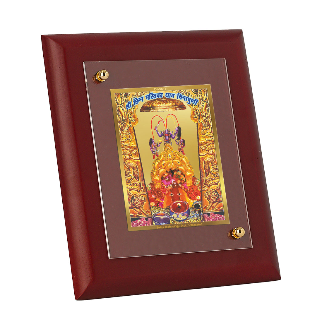 DIVINITI 24K Gold Plated Foil Chintpoorni Maa Wall Photo Frame Idol for Home Decor, Table Top, Puja Room, Luxury Gift|MDF Size 1 (16.7x14.2 CM)