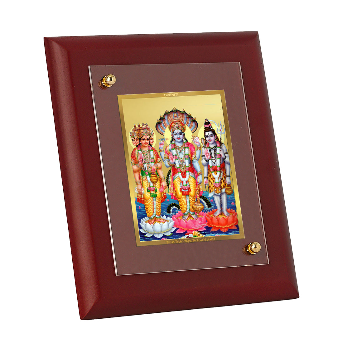 Diviniti 24K Gold Plated Brahma Vishnu Mahesh Wooden Photo Frame for Wall Hanging, Home Decor, Table Tops, Puja Room, Gift | MDF Size 1 (16.7x14.2 CM)