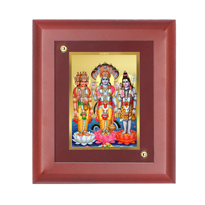 Diviniti 24K Gold Plated Brahma Vishnu Mahesh Wooden Photo Frame for Wall Hanging, Home Decor, Table Tops, Puja Room, Gift | MDF Size 1 (16.7x14.2 CM)