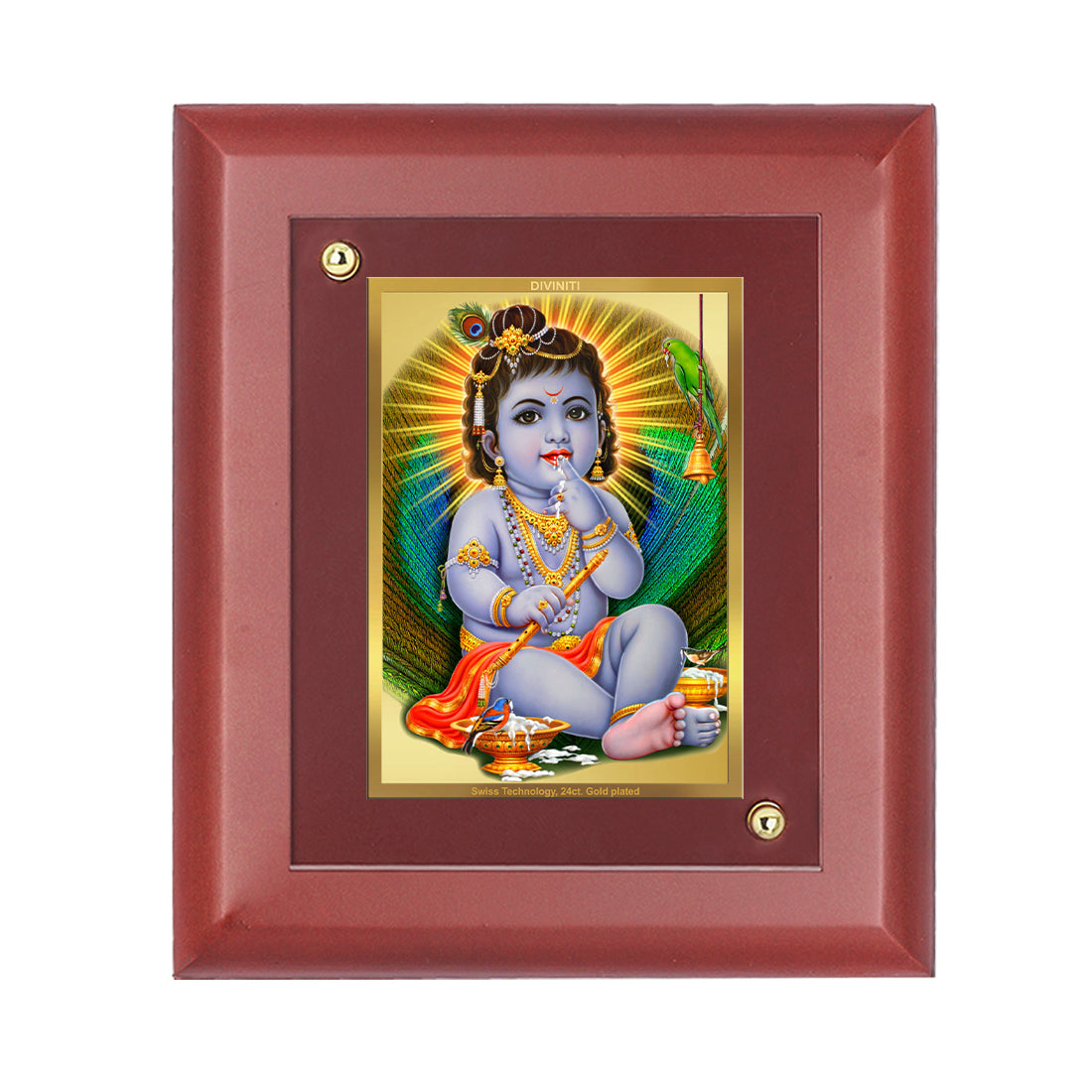 DIVINITI 24K Gold Plated Foil Bal Gopal Luxurious Wall Photo Frame Idol for Home & Office Decor, Wall Hanging, Table Top, Gift|MDF Size 1 (16.7x14.2 CM)