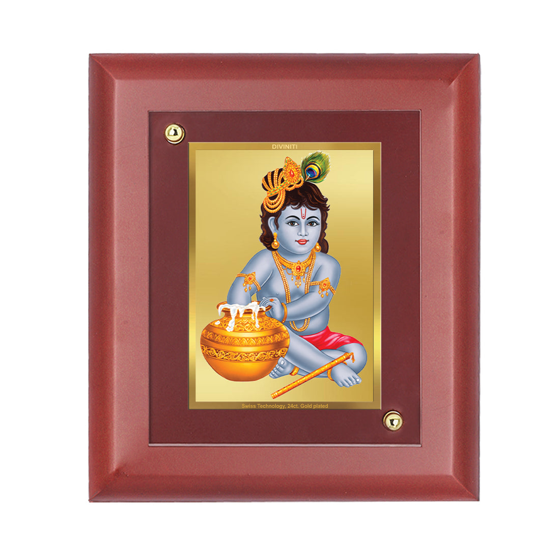 DIVINITI 24K Gold Plated Foil Lord Bal Gopal Wooden Photo Frame Idol for Home Wall Decor, Office Decor, Table Top, Housewarming Gift | MDF Size 1 (16.7x14.2 CM)