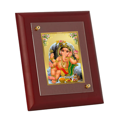 DIVINITI 24K Gold Plated Foil Lord Bal Ganesha Wooden Photo Frame Idol for Home Decor, Table Top, Wall Hanging, Puja Room, Gift | MDF Size 1 (16.7x14.2 CM)