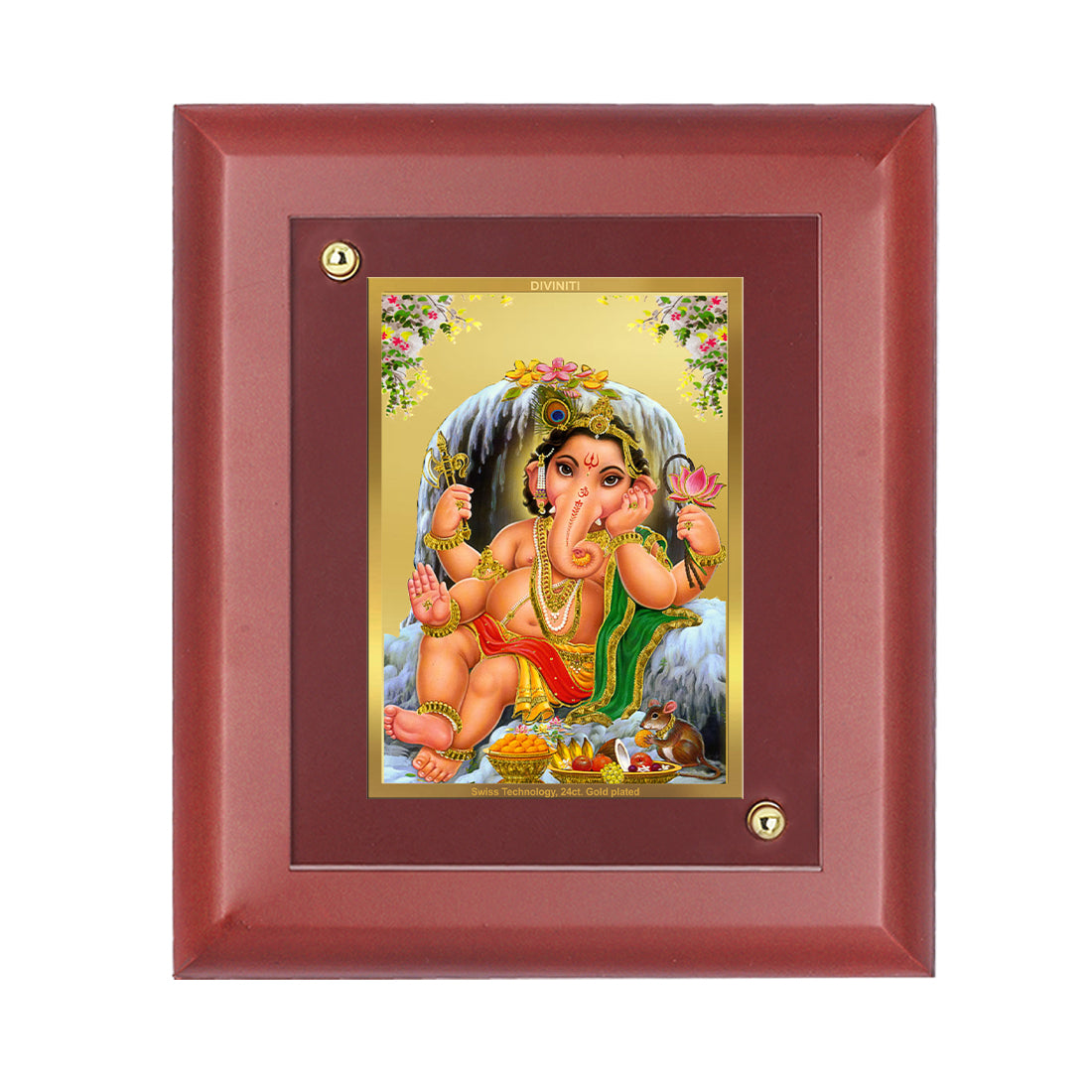 DIVINITI 24K Gold Plated Foil Lord Bal Ganesha Wooden Photo Frame Idol for Home Decor, Table Top, Wall Hanging, Puja Room, Gift | MDF Size 1 (16.7x14.2 CM)