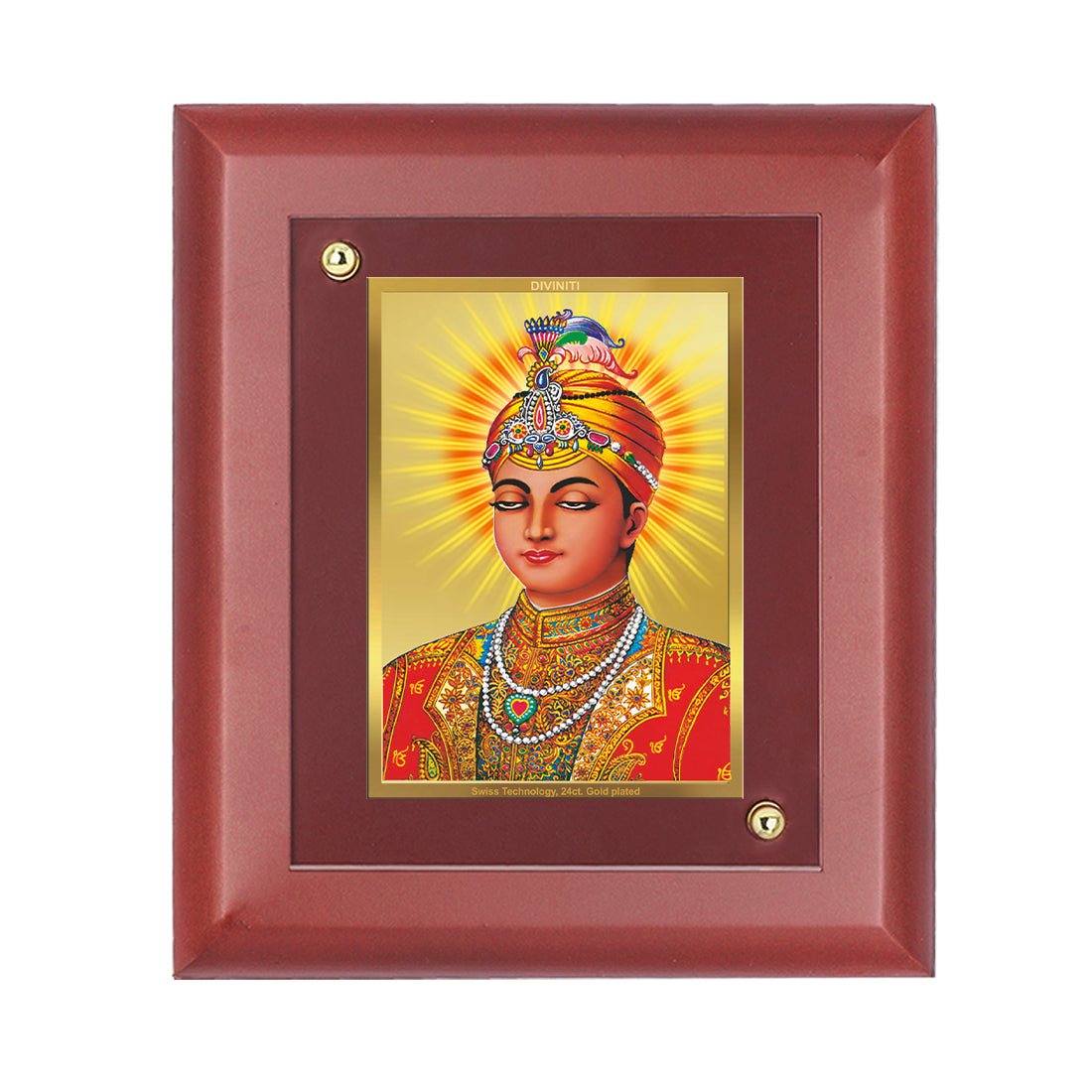 DIVINITI 24K Gold Plated Foil Guru Harkrishan Tradition Wooden Photo Frame Idol for Home Decor, Puja Room, Table Top, Gift | MDF Size 1 (16.7x14.2 CM)