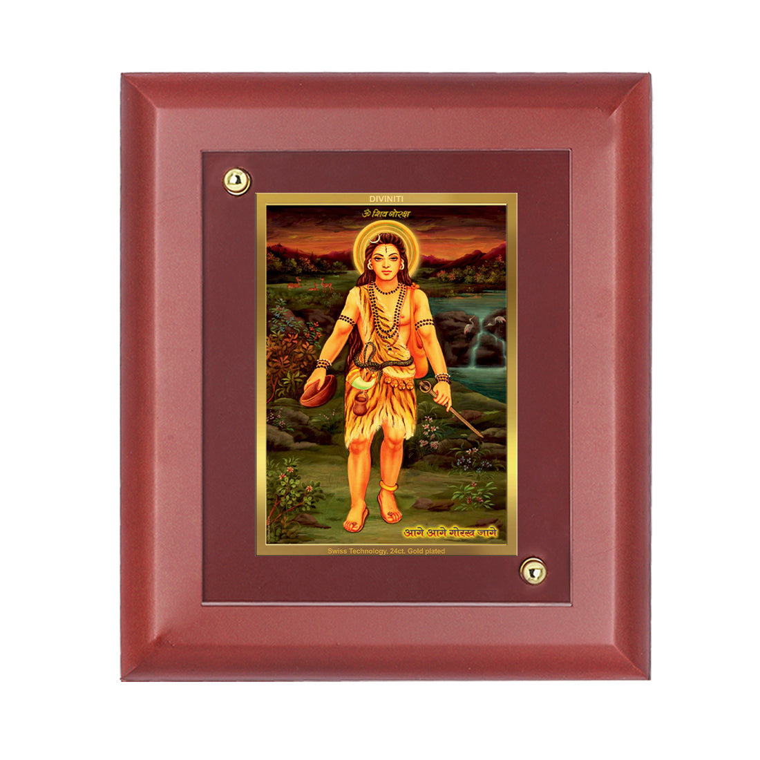 DIVINITI 24K Gold Plated Foil Baba Gorakhnath Elegant Photo Frame Idol for Home Decor, Wall Hanging, Table Top, Gift|MDF Size 1 (16.7x14.2 CM)